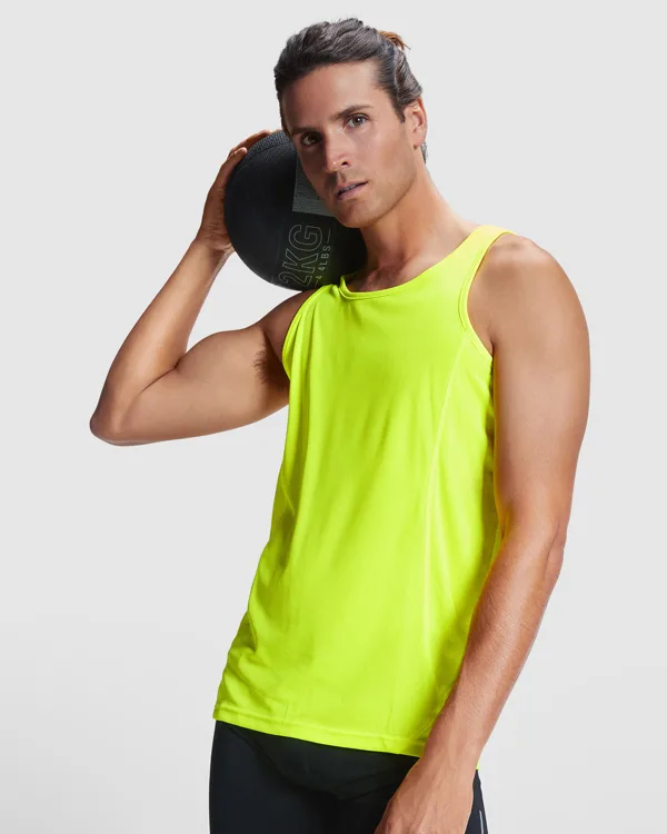 Αθλητικό αθλητικό μπλουζάκι Roly Sport Andre 0350 σε κίτρινο φλούο χρώμα, με εκτύπωση λογοτύπου