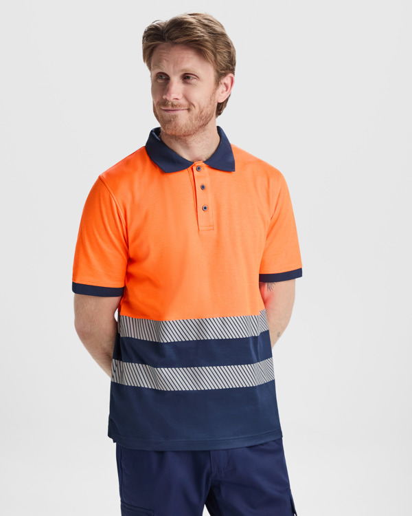 Μπλουζάκι υψηλής ορατότητας Roly Workwear Atrio 9318 σε μπλε/πορτοκαλί φλούο χρώμα