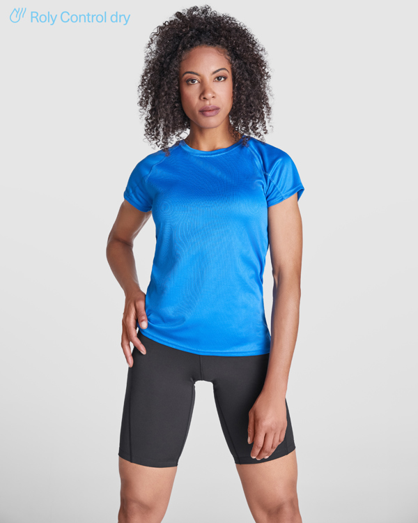 Αθλητικό τεχνικό μπλουζάκι Roly Sport Bahrain Woman 0408 σε ρουά χρώμα, με εκτύπωση λογοτύπου