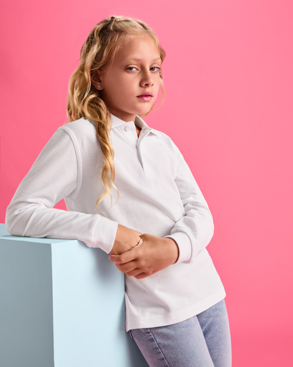 Παιδικό πόλο μπλουζάκι Roly Carpe Child 5008 σε λευκό χρώμα, με εκτύπωση λογοτύπου