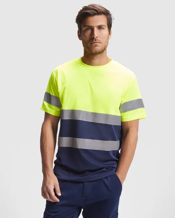 Μπλουζάκι υψηλής ορατότητας Roly Workwear Delta 9310 σε μπλε/κίτρινο φλούο χρώμα