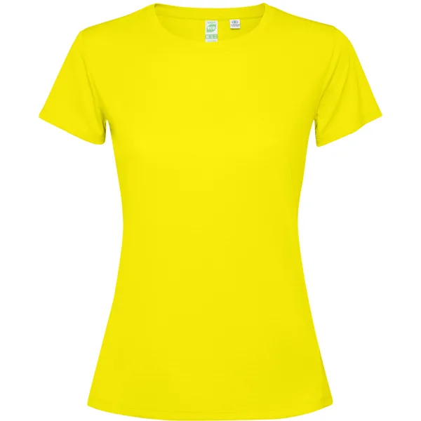 Αθλητικό τεχνικό μπλουζάκι Roly Sport Estoril Woman 0431 σε κίτρινο φλούο χρώμα, με εκτύπωση λογοτύπου