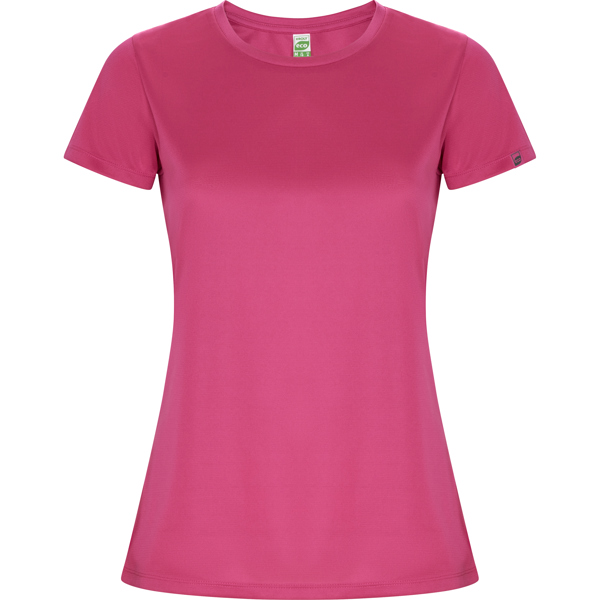 Αθλητικό τεχνικό μπλουζάκι Roly Sport Imola Woman 0428 σε ροζ χρώμα, με εκτύπωση λογοτύπου