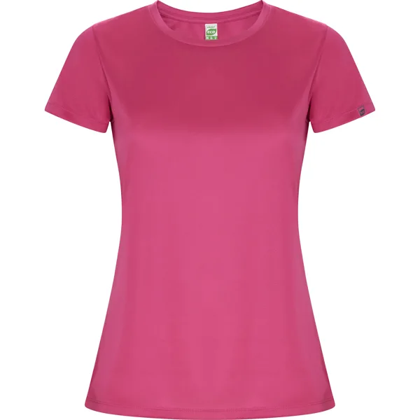 Αθλητικό τεχνικό μπλουζάκι Roly Sport Imola Woman 0428 σε ροζ χρώμα, με εκτύπωση λογοτύπου
