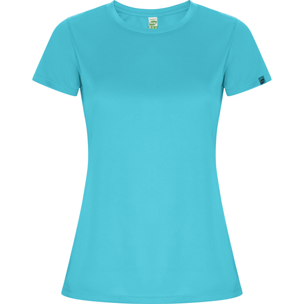 Αθλητικό τεχνικό μπλουζάκι Roly Sport Imola Woman 0428 σε τιρκουάζ χρώμα, με εκτύπωση λογοτύπου