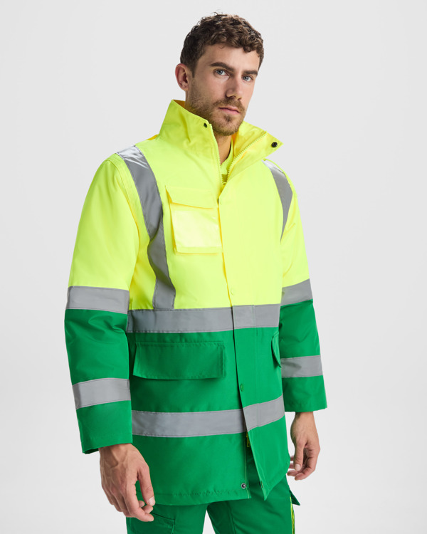 Παντελόνι υψηλής ορατότητας Roly Workwear Merak 9320 σε πράσινο/κίτρινο φλούο χρώμα