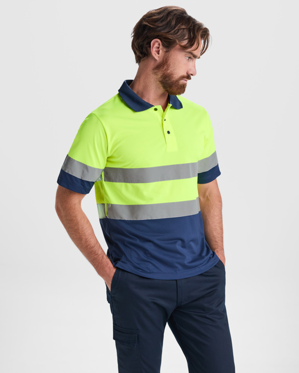 Μπλουζάκι υψηλής ορατότητας Roly Workwear Polaris 9302 σε μπλε/κίτρινο φλούο χρώμα