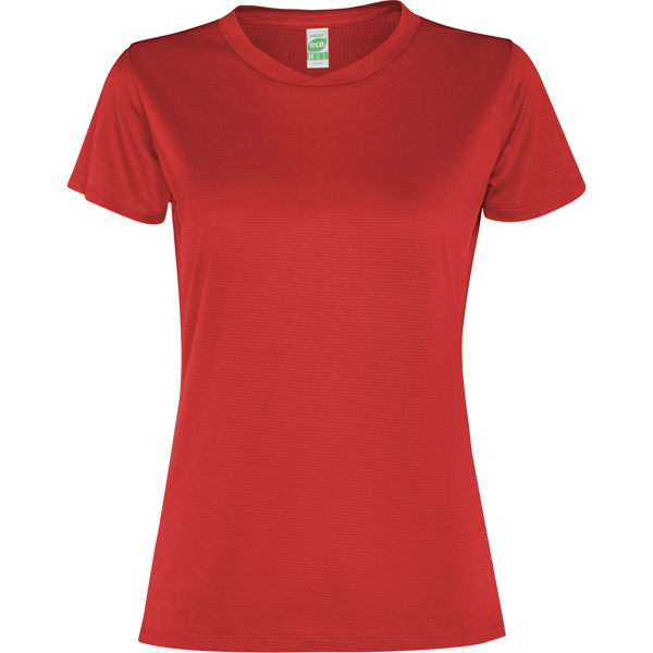 Αθλητικό τεχνικό μπλουζάκι Roly Sport Slam Woman 0305 σε κόκκινο χρώμα, με εκτύπωση λογοτύπου