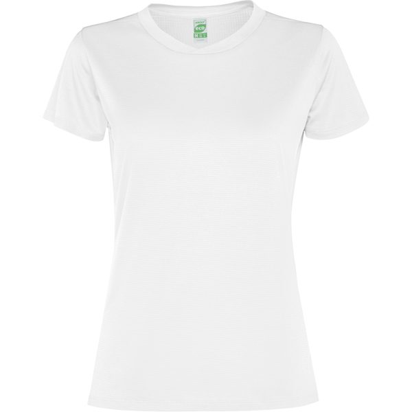 Αθλητικό τεχνικό μπλουζάκι Roly Sport Slam Woman 0305 σε λευκό χρώμα, με εκτύπωση λογοτύπου