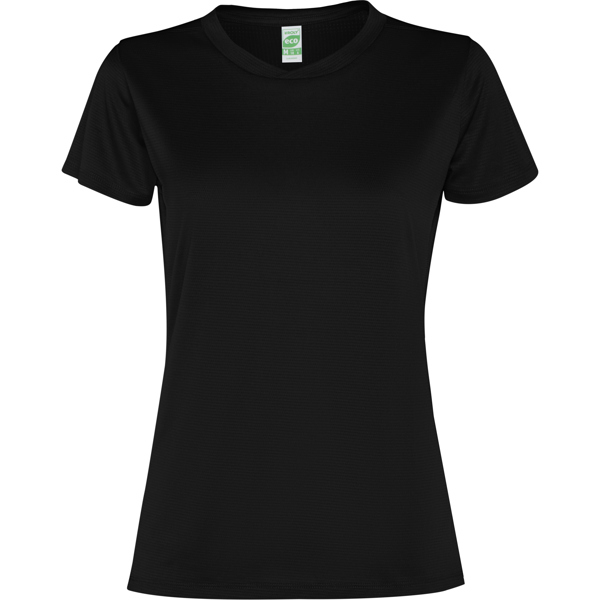 Αθλητικό τεχνικό μπλουζάκι Roly Sport Slam Woman 0305 σε μαύρο χρώμα, με εκτύπωση λογοτύπου