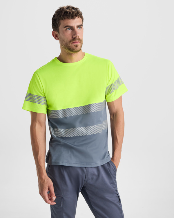 Μπλουζάκι υψηλής ορατότητας Roly Workwear Tauri 9317 σε μολυβί/κίτρινο φλούο χρώμα