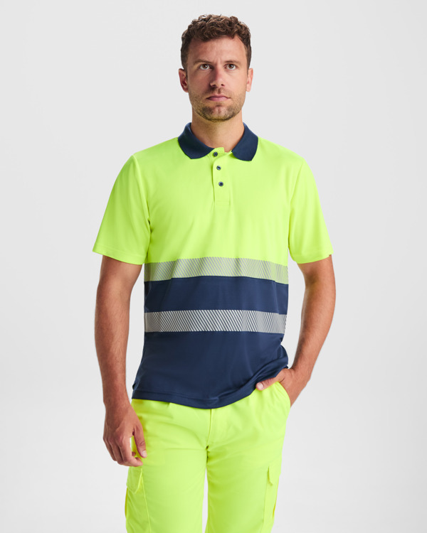 Μπλουζάκι υψηλής ορατότητας Roly Workwear Vega 9315 σε μπλε/κίτρινο φλούο χρώμα