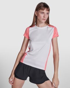 Αθλητικό τεχνικό μπλουζάκι Roly Sport Zolder Woman 6663 σε λευκό/κοραλί φλούο χρώμα